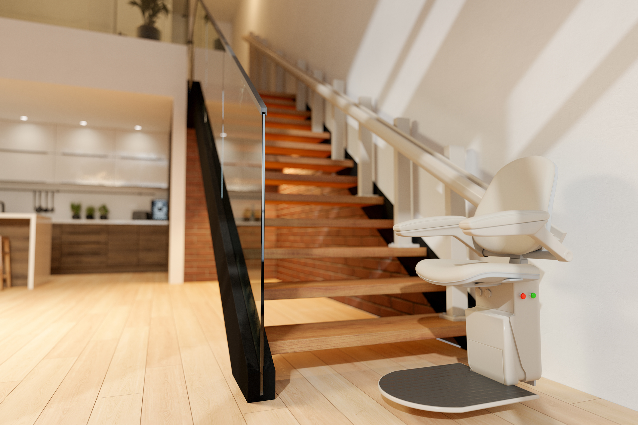 home chair-style used stair lift at bottom of staircase
